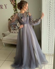 Long Sleeve Prom Dresses, Rose Prom Dress, Blue Prom Gown, Sleeve Prom Dresses, Floral Evening Gown, Gaun Koktail, Hijab Dress Party, Purple Evening Dress, Grey Prom Dress