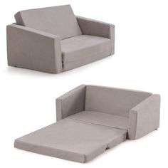 two different views of the same chair and footstool, one in light gray