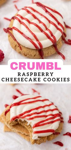 two pictures of crumbl raspberry cheesecake cookies with white icing