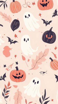 halloween seamless wallpaper with pumpkins, bats and ghost faces on pink background