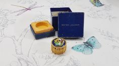 Vintage solid perfume compact, Estee Lauder Palazzo blue enamel and gilt metal solid perfume compact  in original box