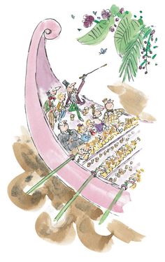 a drawing of people riding on top of a pink boat