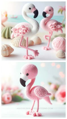 crocheted flamingo is shown in three different views, including the tail and head