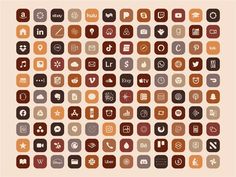 a large collection of flat icons in brown and orange colors, all with different symbols on them