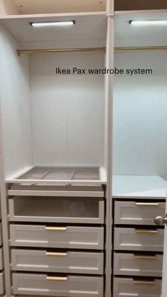 an open white closet with drawers and shelves