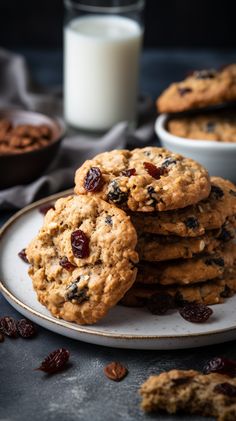 oatmeal raisin raisin cookies on a plate next to a glass of milk