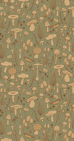 Repeating Pattern with sketchy illustrations of a variety of mushrooms, herbs, leaves and other natural autumn elements! Green background with orange-yellow-ish filling and inks Earthy Wallpaper Phone, Canva Backgrounds, Cottage Core Wallpaper, Mushroom Wallpaper, Wallpaper Themes, Mushroom Forest, Artistic Wallpaper, Apartment Patio, Wallpaper Patterns