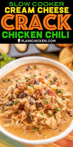 Slow Cooker Cream Cheese Crack Chicken Chili - this stuff is AMAZING! We've made it 3 times this month! We can't get enough of it!!! Chicken, corn, black beans, chicken broth, diced tomatoes and green chiles, cumin, chili powder, onion, ranch seasoning, bacon and cheddar cheese. We served the chili with some cornbread and Fritos. PERFECT! This is already on the menu again this weekend! YUM! #crockpot #slowcooker #chicken #chili Slow Cooker Chicken Chili, Chicken Corn, Green Chiles, Ranch Seasoning, Crock Pot Cooking, Chicken Chili