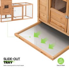 an open wooden cabinet with green arrows pointing to the side - out tray for rabbits