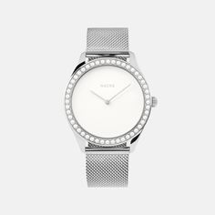 A minimal, modernist watch with a soft white, pearlized dial and 48 hand-set Nacre pearls around the bezel. Paired with a stainless steel mesh strap. Rose Gold Rims, Stainless Steel Mesh, Telling Time, Steel Mesh, Watch Collection, Soft White, Leather Band, Watch Brands, Natural Leather