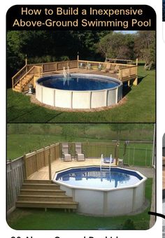 an above ground swimming pool with steps leading up to the deck and above ground swimming pool