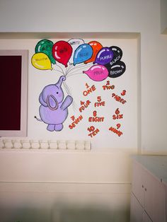 an elephant with balloons on the wall in a children's room, next to a dresser