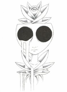 a drawing of a face with plants on it's head and two circles in the middle