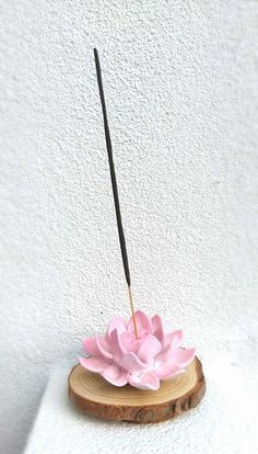 a small pink flower sitting on top of a piece of wood next to a white wall