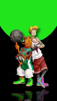 two cartoon characters one holding a basketball ball and the other standing with his arm around another character