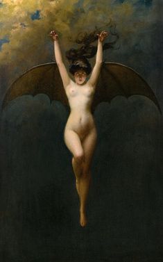 a painting of a naked woman flying in the sky