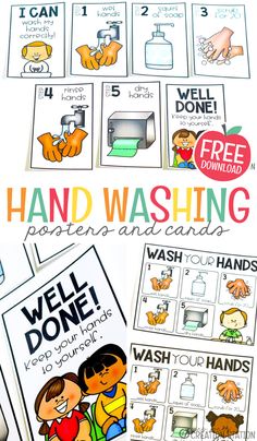 the hand washing poster is shown with instructions to help children learn how to wash their hands