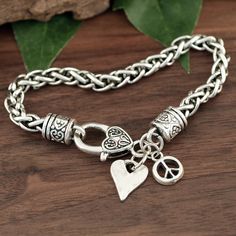 Peace Bracelet, Initial Bracelet, Initial Jewelry, Peace and Love Jewelry for Her, Personalized Womens Jewelry, Heart Bracelet for Women - Etsy Mens Jewelry Silver, Necklace For Neckline, Peace Bracelet, Gold Bracelets Stacked, Beaded Memory Wire Bracelets, Mens Silver Jewelry, Initial A