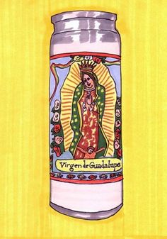 an image of virgin de guadalupe in a jar with skulls on the bottom and yellow background