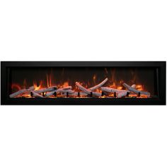 an electric fireplace with flames and logs