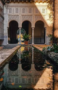 an ornate courtyard with water in the middle and potted plants on the other side