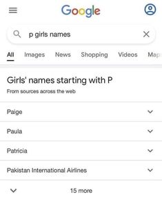 the google search for girls names starting with p on an iphone or ipad screen,