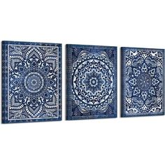 three blue and white wall art pieces on a white background, each with an intricate design