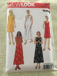 three women's dresses and one woman's dress are shown in this sewing pattern