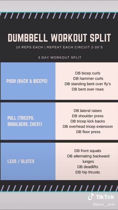 the dumbbell workout split is shown in blue and white, with instructions for how to do