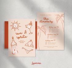 an orange and white wedding card with the words, sun & spritee on it