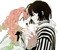 two anime characters one is kissing the other has pink hair and green eyes, both are wearing black and white striped shirts