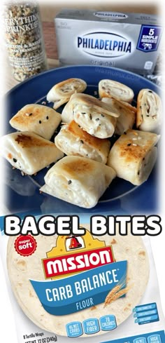 the bagel bites mission carb balance tortilla is shown on a blue plate