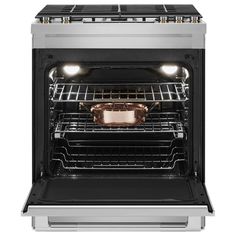 an oven with the door open and lights on it's side, in stainless steel