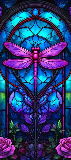 a stained glass window with a dragonfly on it's back and roses in the foreground