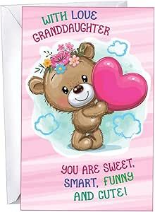 a greeting card with a teddy bear holding a heart and text that reads, with love granddaughter you are sweet smart funny and cute