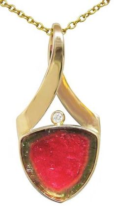 This gold pendant by artist Patrick Murphy shows the lovely color-zoning that occurs in watermelon tourmailine. Patrick Murphy, Loading Image, Bezel Jewelry, Metalwork Jewelry, Small Design, Tourmaline Pendant, Design Studios, Madison Wi, Hand Crafted Jewelry