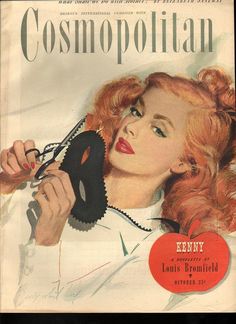 an old fashion magazine cover with a woman holding a mask