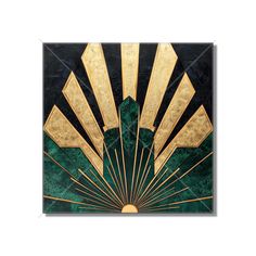 a green and gold art deco wall hanging