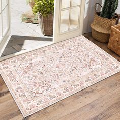 an area rug on the floor in front of a door with potted plants next to it