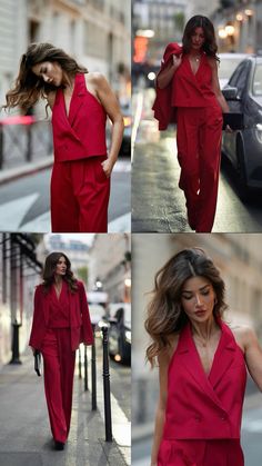 Elegant Styles | Women’s Suit - Red Three-piece Suit - Lady in Red - Red Suit Workwear - Suit for Work - Wavy Hair - Chic Outfits | via IG: @ fusunlindner Red Power Suit Women, Red Pantsuit, Red Outfits, Elegant Style Women, Style Moodboard, Workwear Essentials, Styles Women, Red Suit