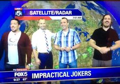 three men standing in front of a tv screen with the caption fox5 imppacial jokers