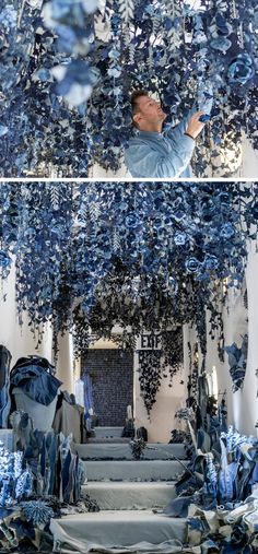 two pictures of blue and white decorations hanging from the ceiling, with one man reaching up to