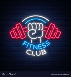 a neon sign that says fitness club with dumbbells on the front and back