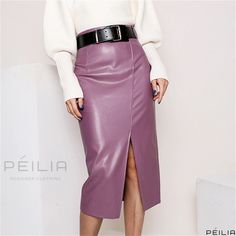 Peilia - High-Waisted Genuine Leather Skirt with a Knee-Length Cut, Side Split, Goat Skin, and Form-Fitting Silhouette Colocasia Esculenta, Long Leather Skirt, Halter Dress Short, Bodycon Pencil Skirt, Tube Top Dress, Leather Midi Skirt, Skirts Midi High Waisted, Cardigan Sweater Coat, Cardigan Sweater Dress