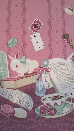 a painting of an open book and various objects on a tablecloth with pink background