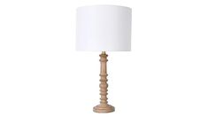 a wooden table lamp with a white shade