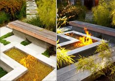 two different views of a fire pit in the garden