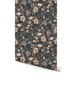 a black floral wallpaper with white and brown flowers on the bottom half of it