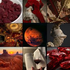 a collage of images with red and gold colors