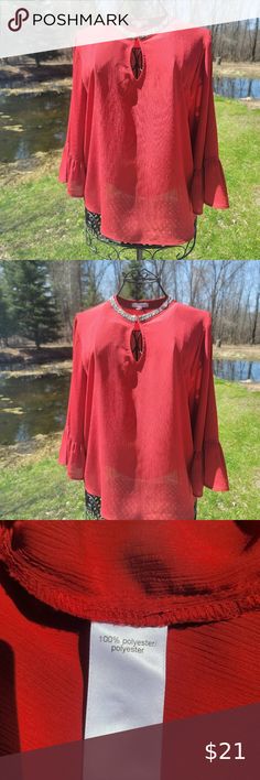 $3/33 Maurices red top, ornate collar, flounce sleeve, size L Beading Design, Keyhole Neck, Flounce Sleeve, Red Top, Red Fashion, Black Tie, Beading, Bell Sleeve Top, Top Blouse